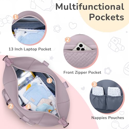 Image of Tenot Diaper Bag Tote with Pacifier Case, Baby Bag for Women with Shoulder Straps, Travel Diaper Tote for for Mom and Dad Medium Size, Purper