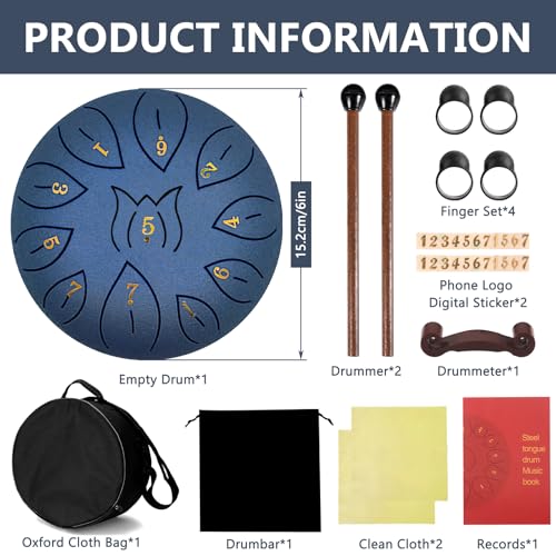 Purpledi Tongue Drum 11 Noten 6 Zoll, Zungentrommel Scheibentrommel, Steel Pan Töne Schlaginstrument Hand Pan Drum Percussion Instrument mit Schlägeln,Fingerpick,Musikbuch und Bag (A)