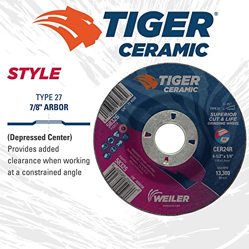 Image of Weiler 58325 4-1 /2 x 1 /4 Tiger Ceramic Type 27 Grinding Wheel CER24R 7 /8 A.H (Pack of 10)