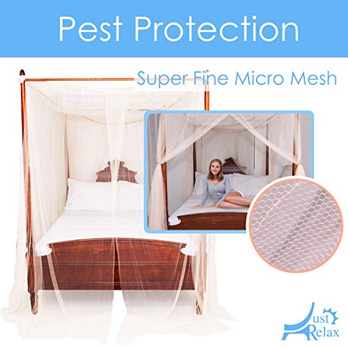 Just Relax Four Corner Post Elegant Mosquito Net Bed Canopy Set, Beige, Full/Queen/King, 86.6x78.7x98.4 Inches - Thumbnail 3