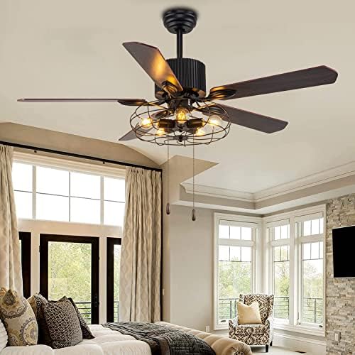 Morpholife 52" Black Caged Ceiling Fan with Lights Remote Control, Industrial Farmhouse Chandelier Fan Pull Chain, Rustic Vintage Ceiling Fan Light with 5 Reversible Blades for Bedroom, Living Room