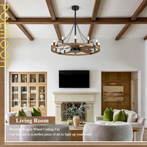 Image of Oak Wooden Wagon Wheel Chandelier Fans 12-Light 36 inch Fandelier