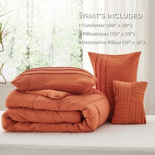 Image of Bedsure Queen Comforter Set - 4 Pieces Pinch Pleat Bed Set, Burnt Orange Boho Bedding for All Season, 1 Soft Comforter, 2 Pillowcases, 1 Decorative Pillow