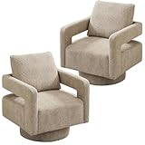 AZSJML Swivel Accent Chair Set of 2, Modern Square Swivel Barrel Chairs for Living Room, 360 Degree Comfy Accent Barrel Chairs with Open Back, Upholstered Armchairs for Bedroom,Reading, Boucle, Taupe