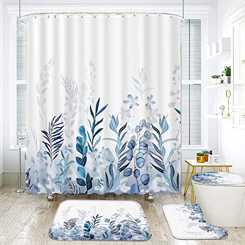 Leopinky 4Pcs Shower Curtain Set, Plant Bathroom Sets With Shower Curtain And Rugs, Botanical Nature Leaf Bath Curtain Set With 12 Hooks For Bathroom (71" X 71", Blue) #TOP5