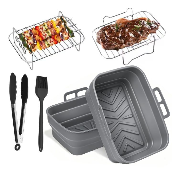 Pietuley Foldable Silicone Air Fryer Liner, Set of 6 Air Fryer Accessories for Ninja Dual AF300UK,Tower T17088 T17099,Tefal Easy Fry, Salter etc Including Air Fryer Racks, Reusable Air Fryer Liner