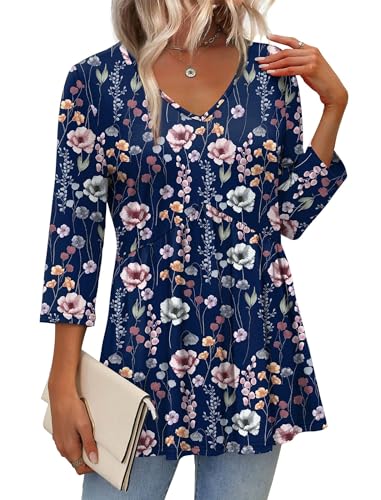 Image of OFEEFAN 3 /4 Length Sleeve Womens Tops 2026 Blouses for Women Dressy Casual Fashion Clothing V Neck Babydoll Tops Fall Outfits