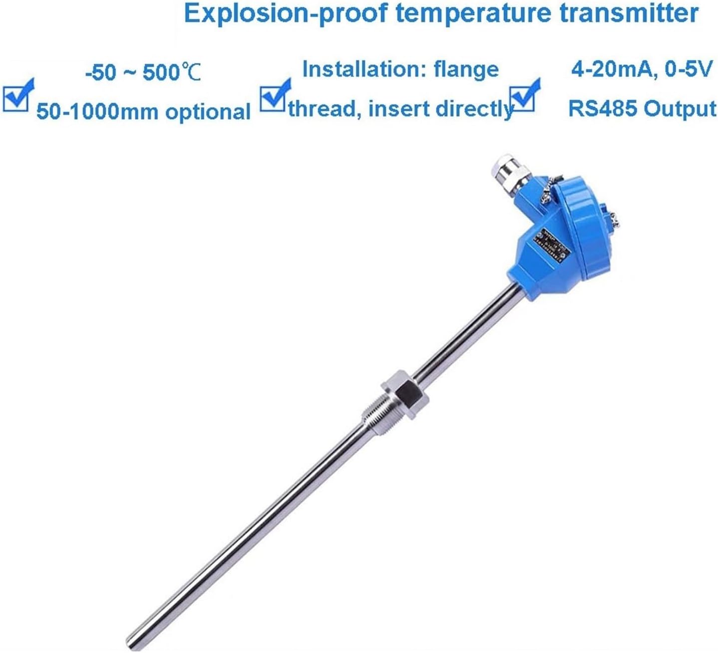 Explosion-Proof Adjustable Thread Pt100 Rtd Temperature Sensor Thermocouple K Type Temperature Transmitter Exia I Ct6 50-900mm(100mm)(800mm)