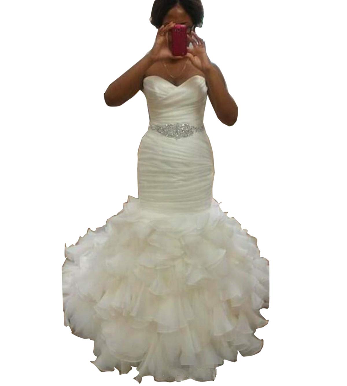 Womens Long Mermaid Organza Wedding Dresses Cascading Layers Ruched Bridal Ball Gowns with Train