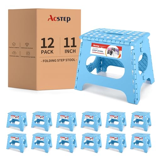 Image of 12 Pack 11 Inch Folding Step Stool, Sturdy Plastic Foldable Step Stool for Kids & Adults, Non Slip Lightweight Collapsible Foot Stools Holds 300 lbs, Ideal for Kitchen, Bathroom, Outdoor, Blue