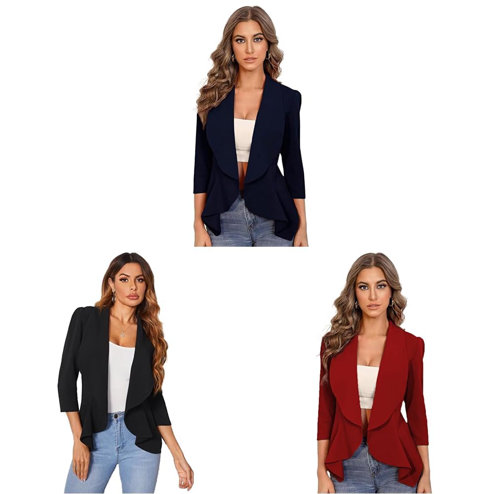 kotty Women's Relaxed Fit Shawl Collar Blazer in Navy Blue & Solid Mandarin Blazer in Coal Black.-picture-33