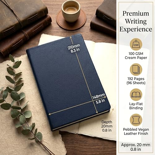 Image of GLUN Soft Touch PU Leather A5 Notebook, Navy Blue Cover Portable Pocket Diary Notepad with Schedule, 242 Writing Pages for Home, School & Office Use