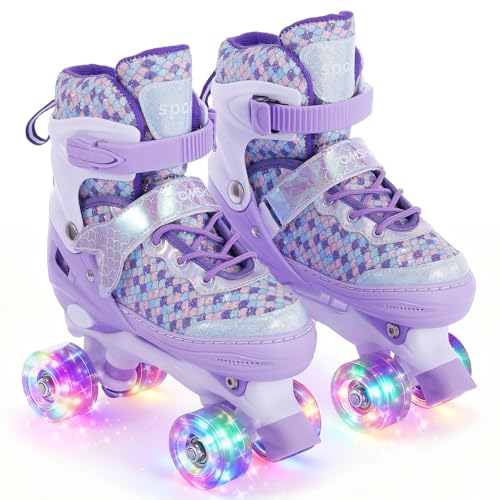 TOMSHOO Meerjungfrau Rollschuhe Kinder, Rollschuhe Mädchen Verstellbar, Kinder Rollschuhe mit 8 LED-Rädern und 4 Größen verstellbar, Sicher und Unterhaltsam, Rollschuhe für Mädchen, Anfänger