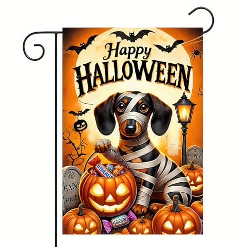 Image of Garden Flags for Outside 12x18 Inch Double Sided - Halloween Trick or Treat Dachshund Dog Skeleton Decorations - Small Outdoor Yard Flag