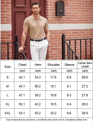 Coofandy Men's Knit Polo Shirt Short Sleeve Collar Zipper Striped Classic Fit Work Polo Golf T Shirts Light Tan X-Large #TOP1