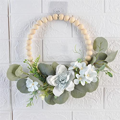 Couronne de perles en bois avec fleurs et feuillage artificiel durable