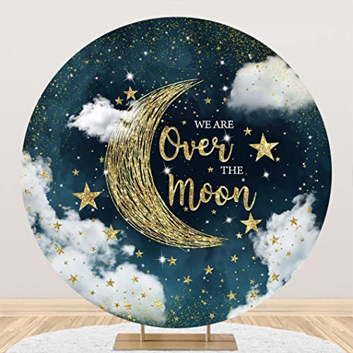 Laeacco 7x7FT Over The Moon Round Backdrop Cover Polyester Night Starry Sky Baby Shower Circle Background Gold Glitter Moon