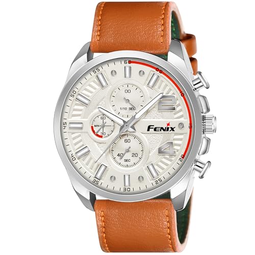 Image of FENIX Watch for Men, White Diel, Brown Leather Strap (Brown)