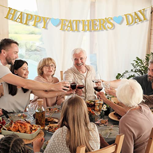 Happy Father's Day Glitter Gold Banner Blue Heart Bunting Banner for Dad Father's Party Decorations Backdrop Garland for Father's Day(blue heart) - Image 6