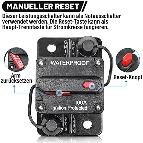 RED WOLF 100 Amp Circuit Breaker with Wire Lugs Copper Washer Waterproof Inline Fuse Holder Inverter with Manual Reset Waterproof for Car Truck Bus RV Boat Marine Vehicle 12V-48V DC