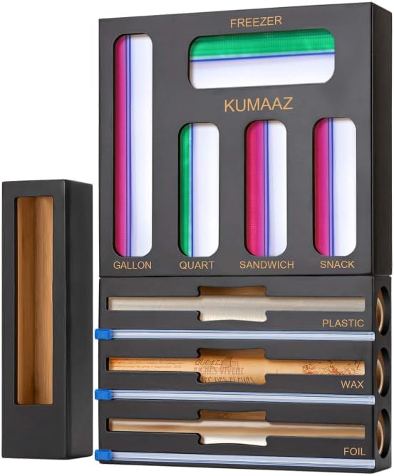 Ziplock Organizador de bolsas con cortador - Organizador de bolsas 9 en 1 de papel de bambú y organizador de envoltura para cajón de cocina (negro 9