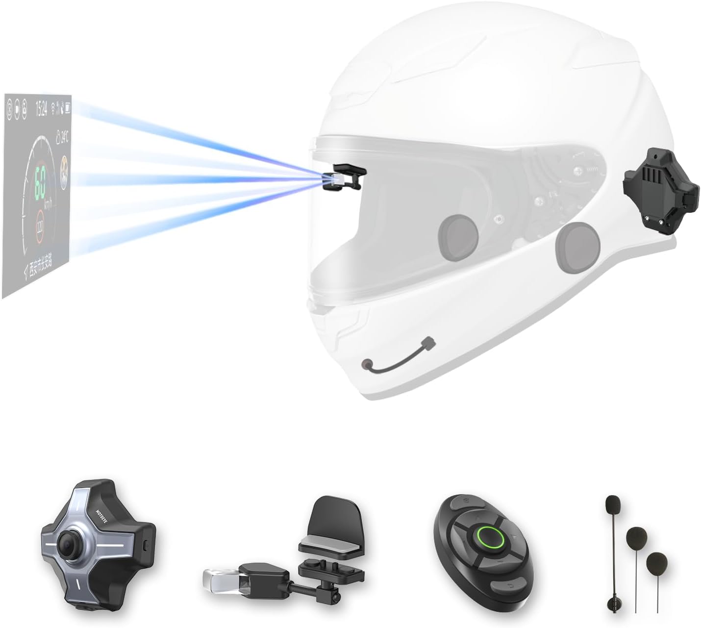 - E6+ Motorcycle Helmet HUD, Head Up Display, Bluetooth,GPS, CarPlay, Android Auto, Mesh Intercom, Rearview Camera, Remote Control, Noise Reduction, RGB Lights, IP66 for All Helmets (E6+)
