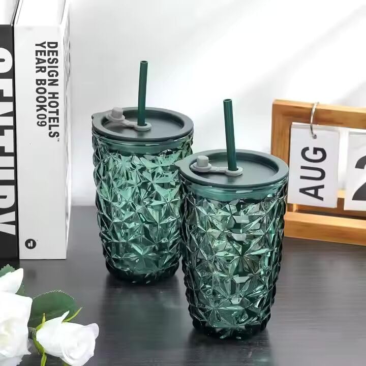 Image of 430ml Diamond Glass Tumbler with Airtight Lid & Straw - Reusable Smoothie Cup for Juice, Cocktail, Iced Tea, Coffee - Hot & Cold Travel Sipper Bottle (Pack of 1, Diamond Green)