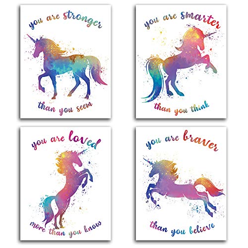 CHIEN-CHI LILI SUUURA-OO Unicorn Inspirational Words Watercolor Art Print Set of 4 (8”X10”), Unicorn art Poster for Nursery, girls Kids Bedroom Home Wall Decor, No Frame