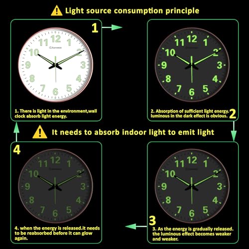 Image of Auromin Antique Radium Glass Wall Clock Night Glow for Bedroom | Night Light Silent Glass Wall Watch for Living Room, Living Room, Study | Large Stylish Clock with Glow in Dark Numbers (Rose Gold)