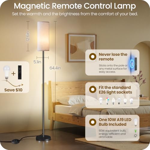 Image of Dimmable Floor Lamp for Living Room with Remote and Foot Switch, Corner Floor Lamp, 64.4 inch Standing Tall Lamp, 10W 900LM LED Bulb Included, 3000K-6500K, Linen Shade, Weighted, FCC Listed W06LD05W1