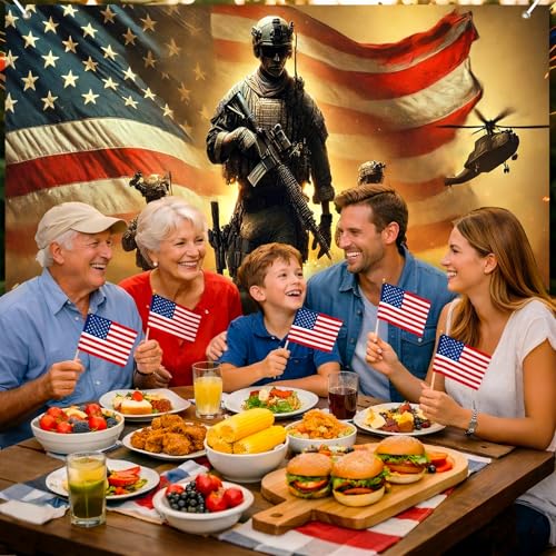 Image of BlissYard 4th of July Backdrop Thank You Veterans Banner 8x6ft Patriotic Soldier American Flag Decorations for Memorial Day Veterans Day Independence Day Party