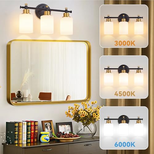 Image of 3-Light Bathroom Vanity Light, Black and Gold Vanity Lights for Bathroom with Milky White Glass Shade, Vanity Light Fixture Over Mirror, Modern Style, 16 Inch Compact, E26 Base