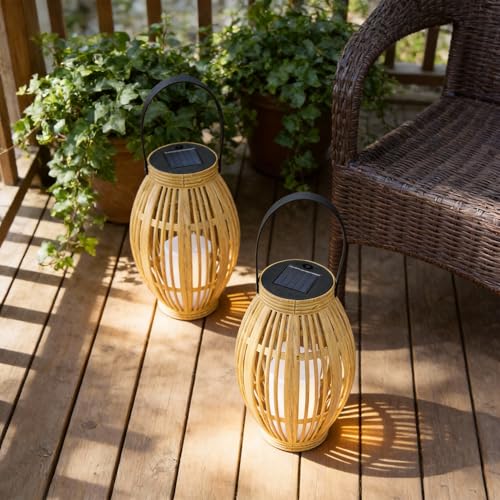 2 Stück Solarlaterne für Außen, Solarlampen mit Bambusfarben Nachgeahmt für Garten, Balkon & Terrasse, Automatisches Ein- und Ausschalten，Wasserfest