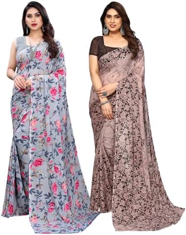 SIRIL Women's Georgette Printed Saree With Unstitched Blouse Piece Combo Pack Of 2