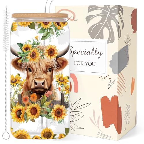 Luvart Highland Cow Cifts for Women - 16oz Cute Highland Cow Glass Cup with Lid Straw, Western Farm Animal Print Driinking Glasses Mug Tumbler, Birthday Christmas Valentines Mothher's Day Gifts