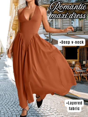 Image of ChiaoLezhee Deep V Neck Dress, Halter Maxi Dresses, Vacation Date Night, Sexy for Women Corset Flowy Wedding Guest Drop Waist
