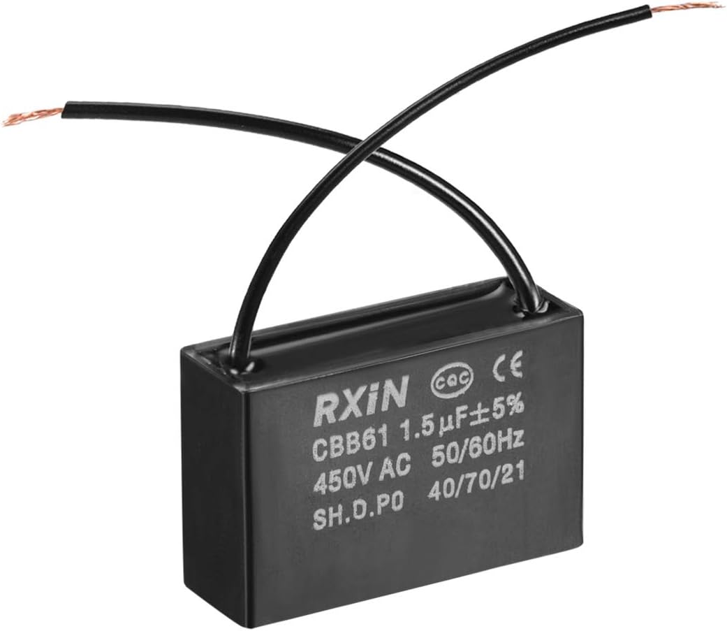 sourcing map Ceiling Fan Capacitor CBB61 1.5uF 450V AC 2 Wires Metalized Polypropylene Film Capacitors 36.5x11x24.5mm for Water Pump Motor Generator