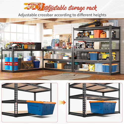 REIBII 48" W Garage Shelving Heavy Duty 3020LBS Storage Shelves 5 Tier Heavy Duty Shelving Adjustable Garage Shelves for Basement, Warehouse, Commercial, Easy Assemble, 48" W x 72" H x 24" D