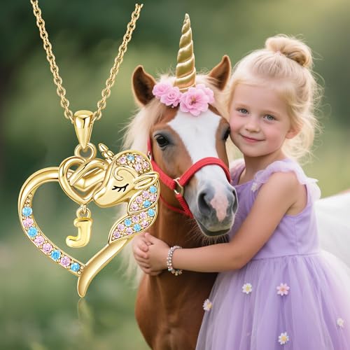 Unicorn Necklaces for Teen Girls Kids - Colorful CZ 18K Gold Plated Heart Initial Necklaces for Women Gold Jewelry Birthday Unicorn Gifts for Girls 6-8 Women2