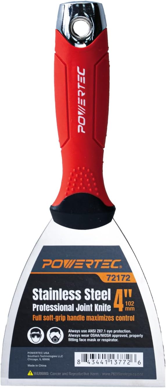 POWERTEC 4-Inch Stainless Steel Drywall Joint Knife - Flexible Blade, Soft Grip, for Patching, Taping, Scraping (72172)