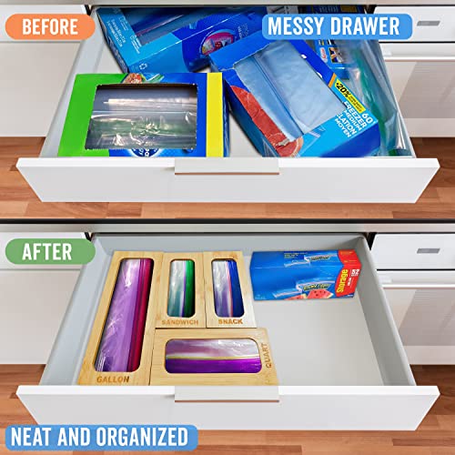 Dharmagic Kitchen Organization And Storage For Drawer Wood Kitchen Food Baggie Dispenser Box Plastic Bag Holder Compatible With Gallon, Quart, Sandwich & Snack Bags From Most Brands Ziplock - Set Of 4 #TOP4