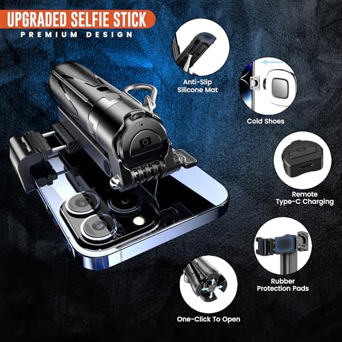 Image of WeCool 4 in 1 Mini Selfie Stick for Mobile, Tripod Stand with One-Click Auto OpenLegs, Premium Aluminum Build 5Section Telescopic Pole, 360Rotation,Rechargeable Remote, Pocket-size for Travel,Vloging