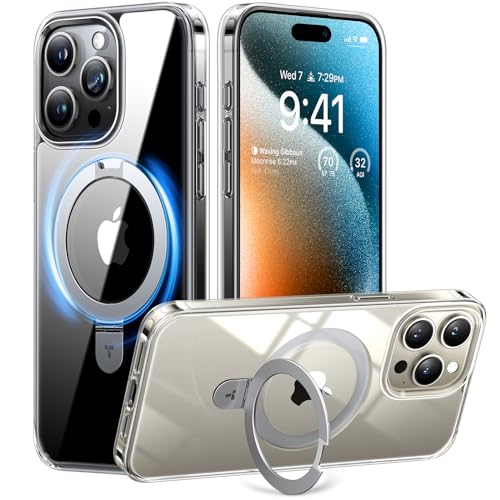 TORRAS Magnetic Shockproof for iPhone 15 Pro Case with Built-in Stand [Compatible with MagSafe] [12FT Military Drop Protection] Sturdy Kickstand Slim Protective for 15 Pro Phone Case, Crystal Clear