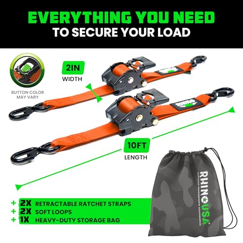 Image of Rhino USA Retractable Ratchet Straps (2-Pack) - 2 Inch x 10 Feet (3,033lb Break Strength) - Heavy Duty Auto Self Retracting Tie Down Straps for Truck, Cargo Trailer, Motorcycle, Rad & More - Orange