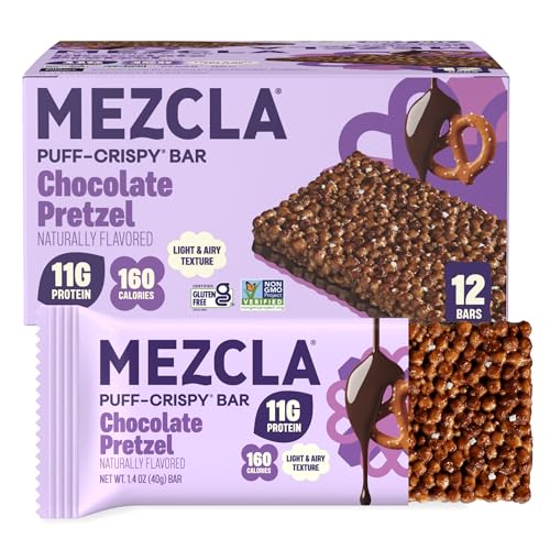 Mezcla Puff Crispy Protein Bars Gluten Free & Vegan Protein Bars 10g Protein Alt for Crispy Rice Treat Granola Bars & Breakfast Bars Healthy Snacks for Adults Chocolate Pretzel 12 Bars