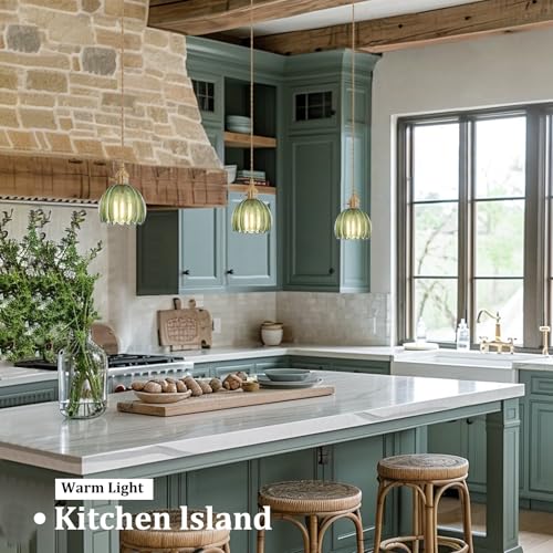 Image of Shenmoyl Pendant Light 2 Pack with Green Tulip Glass Lmapshade, Brass Vintage Pendant Light Adjustable Hanging Light for Kitchen Island Dining Room Hallway