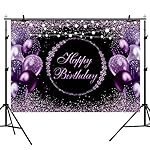 Purple and Black Birthday Backdrop for Women Girls Ring Dimonds Glitter Balloons Photography Background Photoshoot Happy Birthday Party Decorations Cake Table Banner 7x5ft Photo Booth Props - Image 2