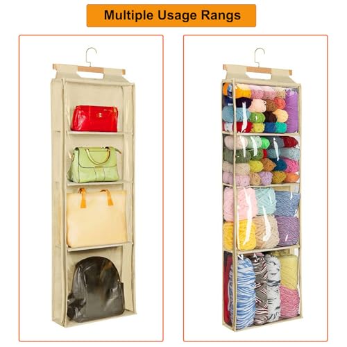 Image of KSORUSL Hanging Yarn Storage Organizer with 4 Large Pockets, Hanging Yarn Holder with Over-Door Hook for Knitting Needles Crochet Hooks, Clear Crochet Storage Bag with Zipper for Crochet Lovers