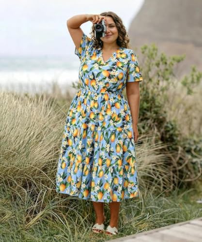 Image of TIYOMI Women Plus Size Dress Boho V Neck Short Sleeve Beach Maxi Dresses Floral /Stripe /Leaves /Lemon XL-5XL