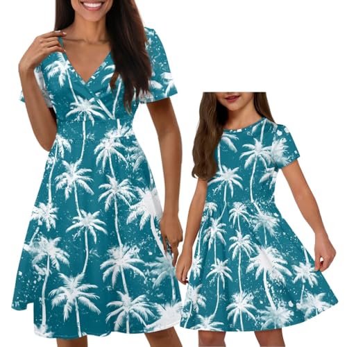 Robe d'été mi-longue pour fille à motif fleurs tropicales, col V et manches courtes